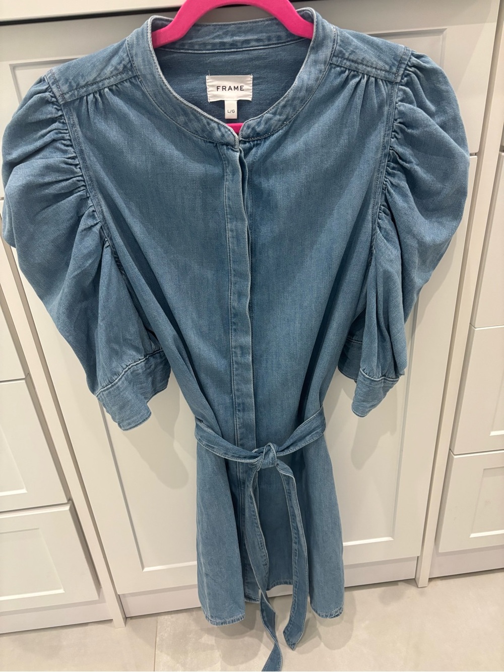 Frame Denim Light Blue Puff-Sleeve Denim Dress